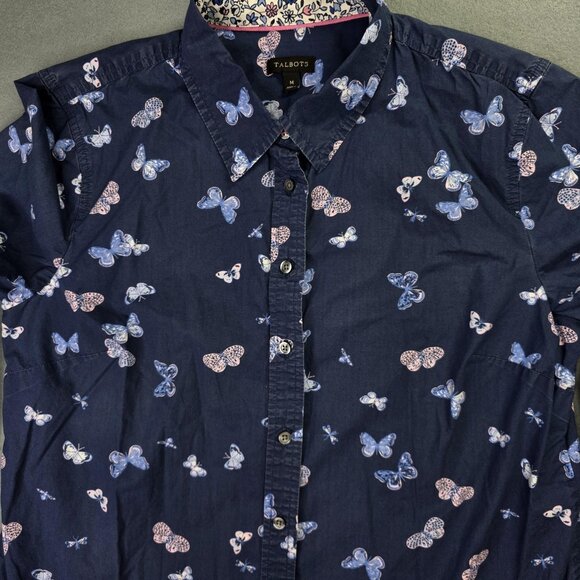 Talbots Shirt Womens Medium Navy Blue Butterfly Print Button Down Long Sleeve - Picture 1 of 10